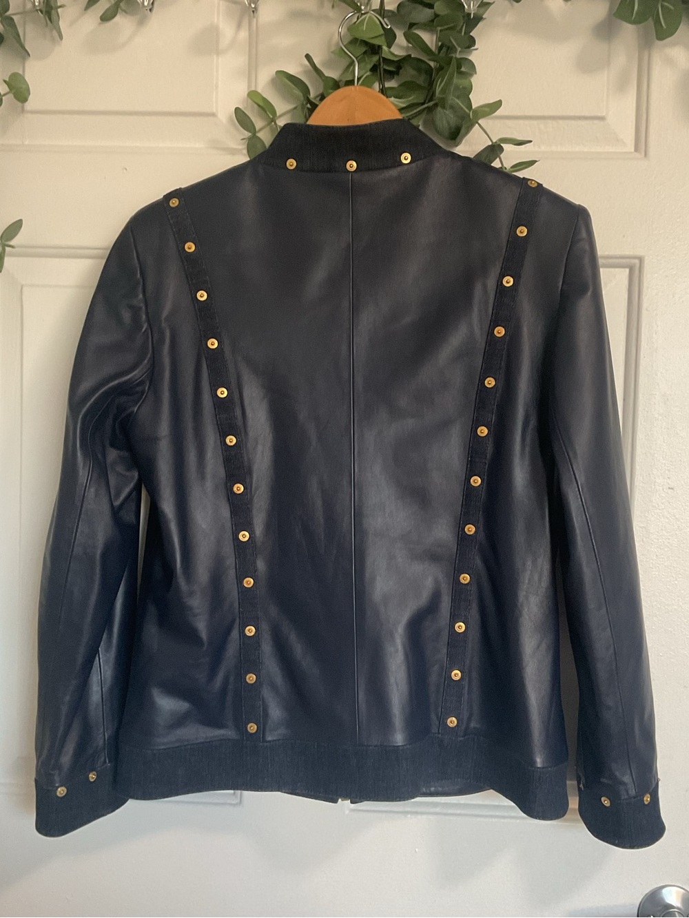 Women's Navy Leather Stud-Trim Zip Jacket - Picture 3 of 10